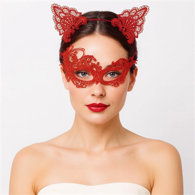 Gizemli Kırmızı Dantel Maske Ve Taç Seti 1 No - Kostüm Seti