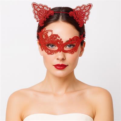 Gizemli Kırmızı Dantel Maske ve Taç Seti 1 No - Kostüm Seti (3936)