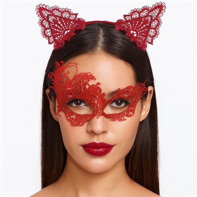 Gizemli Kırmızı Dantel Maske ve Taç Seti 1 No - Kostüm Seti (3936)