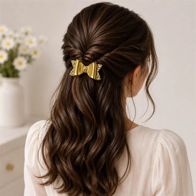 Glitter Detaylı Fiyonk Saç Tokası 2li Set 6x3 Cm Gold Simli