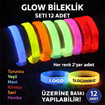 Glow Kalın Bileklik 12’li Set | Baskıya Uygun Renkli Model Bx40