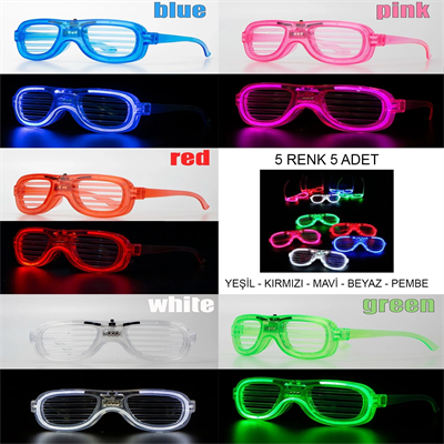 Glow Model Led Işıklı Parti Gözlüğü 3 Modlu 5 Renk 5 Adet