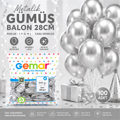 Gm-110-38 Metalik - Gümüş Balon 11'' - 28cm - 100 Parça Bx40
