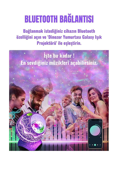 Gökyüzü Projeksiyonlu, Bluetooth Hoparlör Özellikli Dinozor Yumurtası Tasarımlı Gece Lambası