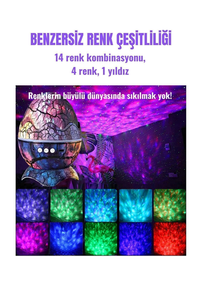 Gökyüzü Projeksiyonlu, Bluetooth Hoparlör Özellikli Dinozor Yumurtası Tasarımlı Gece Lambası
