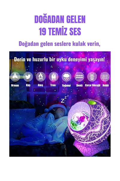 Gökyüzü Projeksiyonlu, Bluetooth Hoparlör Özellikli Dinozor Yumurtası Tasarımlı Gece Lambası