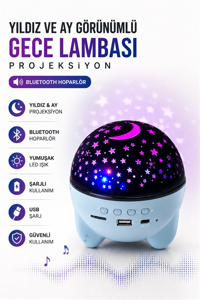 Gökyüzü Temalı Bluetooth Ve Hoparlörlü Şarjlı Çocuk Gece Lambası