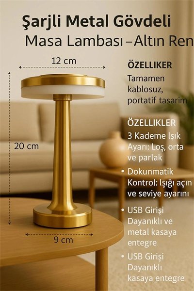 Gold Mantar Masa Lambası 3 Renk Modlu Kablosuz Şarjlı Dekoratif Metal LED Abajur