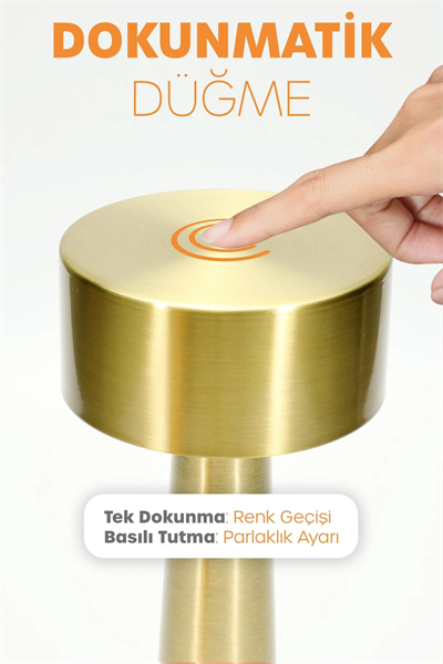 Gold Metal Dokunmatik Şarjlı Masa Lambası 3 Işık Parlaklık Ayarlı Gece Abajuru LED
