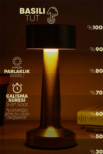Gold Metal Dokunmatik Şarjlı Masa Lambası 3 Işık Parlaklık Ayarlı Gece Abajuru LED