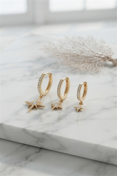 Gold Renk Kutup Yıldız Model 3 lü Küpe Seti