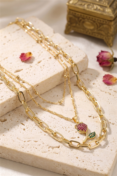 Gold Renk Lale Detaylı Kombin Kadın Kolye