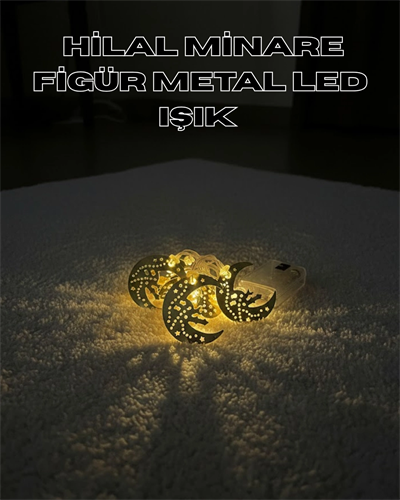 Gold Renk Metal Minareli Hilal LED Işık Pilli Ramazan Süsü