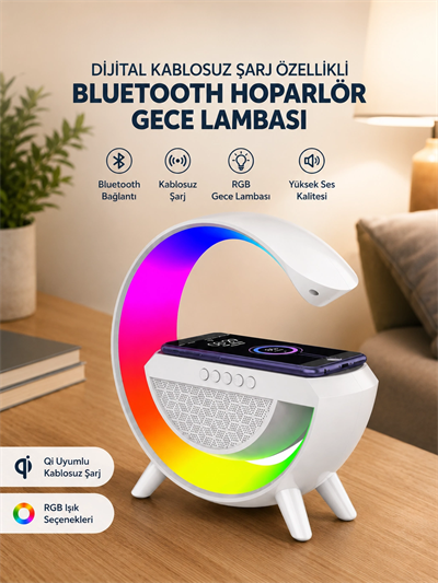 Google Dijital Kablosuz Şarj Özellikli Bluetooth Hoparlör Gece Lambası