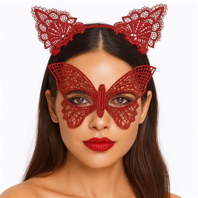 Gösterişli Kırmızı Dantel Maske ve Taç Seti 7 No – Masquerade ve Davetler için (3936)