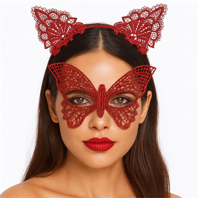 Gösterişli Kırmızı Dantel Maske ve Taç Seti 7 No – Masquerade ve Davetler için