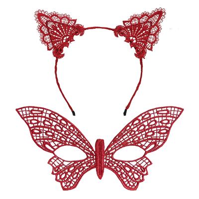 Gösterişli Kırmızı Dantel Maske ve Taç Seti 7 No – Masquerade ve Davetler için (3936)