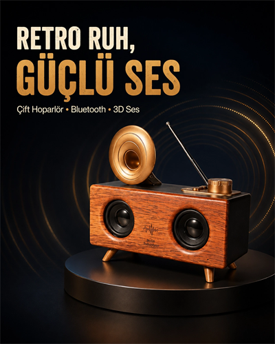Gramafon Tasarımlı Bluetooth Hoparlör 3D Ses Teknolojili Çok Fonksiyonlu