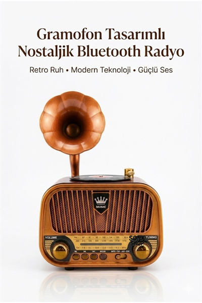 Gramofon Tasarımlı Nostaljik Bluetooth Radyo Hoparlör Müzik Çalar