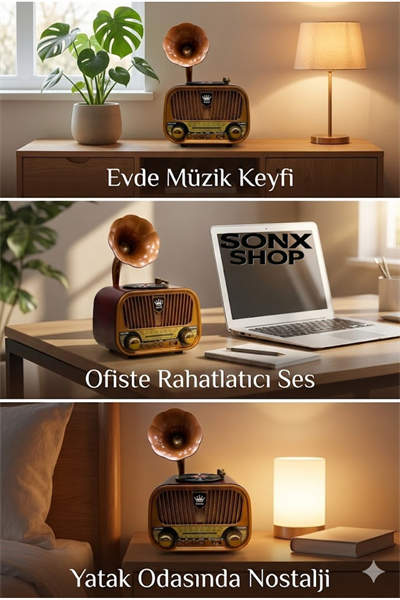 Gramofon Tasarımlı Nostaljik Bluetooth Radyo Hoparlör Müzik Çalar