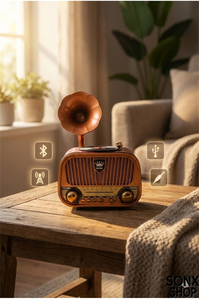 Gramofon Tasarımlı Nostaljik Bluetooth Radyo Hoparlör Müzik Çalar