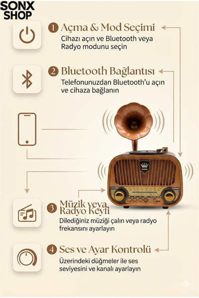 Gramofon Tasarımlı Nostaljik Bluetooth Radyo Hoparlör Müzik Çalar