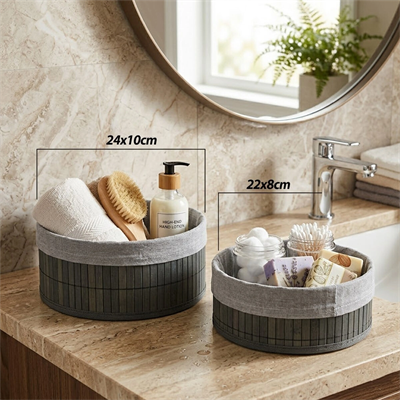 Gri 2 Boy Yuvarlak Bambu Kenar Organizer Sepet Ahşap Altlık - Bezli Çap=22x24cm Bx40