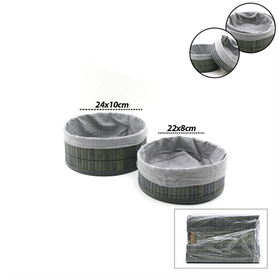 Gri 2 Boy Yuvarlak Bambu Kenar Organizer Sepet Ahşap Altlık - Bezli Çap=22x24cm Bx40