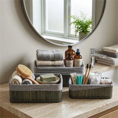 Gri 3 Boy D.dörtgen Bambu Kenar Organizer Sepet Ahşap Altlık - Bezli 25x14-28x18-20x30cm Bx40
