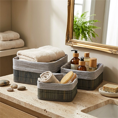Gri 3 Boy Kare Bambu Kenar Organizer Sepet Ahşap Altlık - Bezli 17x21x25cm Bx40