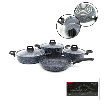 Gri 7 Parça Granit Tencere - Tava Seti 20-24cm Derin - 27cm Basık Cam Kapak Tencere - 26cm Tava Bx40
