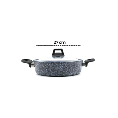 Gri 7 Parça Granit Tencere - Tava Seti 20-24cm Derin - 27cm Basık Cam Kapak Tencere - 26cm Tava Bx40