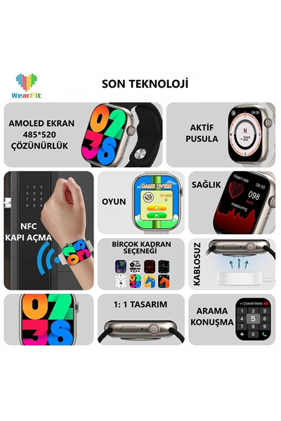 Gri Akıllı Saat, AMOLED Ekranlı, Nabız ve Uyku Takibi Özellikli, 3 Adet Siyah Silikon Kordonlu
