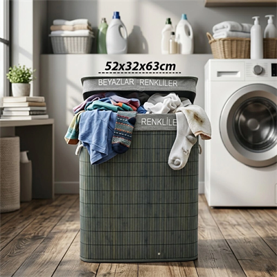 Gri Dikdörtgen 2 Bölmeli 52x32cm Y:63cm Bambu Ahşap Kirli Çamaşır Sepeti Kumaş Çantalı İp Kulp Bx40