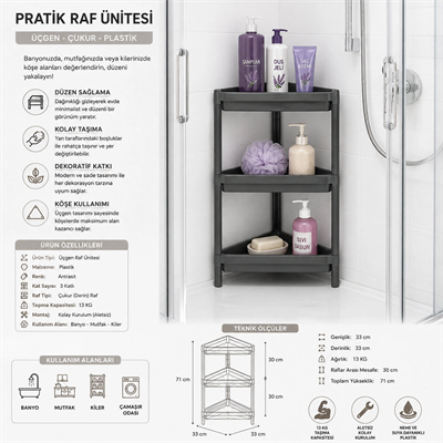 Gri Üçgen Çukur Pratik Raf Ünitesi Plastik Bx40