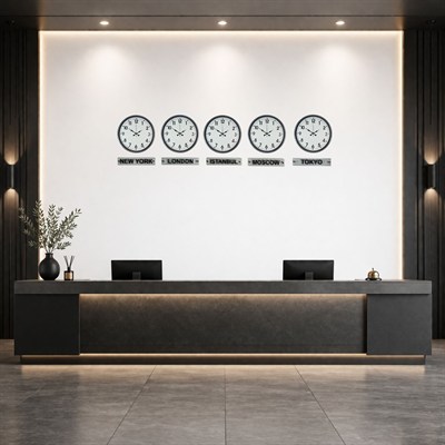 Gri Zarif Seri 36 Cm 5 li Tabelalı Dünya Saatleri