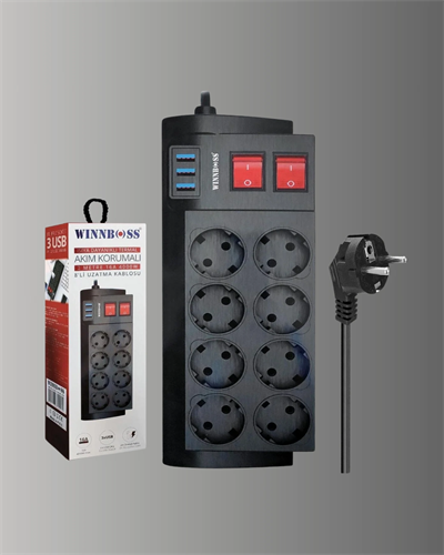 Güçlü Termal Korumalı 8 Priz + 3 USB Çoklu Uzatma Kablosu 2m