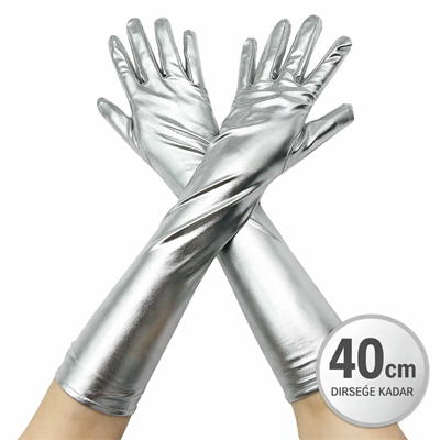 Gümüş Renk Dirsek Altı Lüks Saten Eldiven 40 Cm