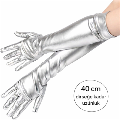 Gümüş Renk Dirsek Altı Lüks Saten Eldiven 40 Cm