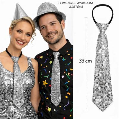 Gümüş Renk Pul Payetli Işıltılı Parti Kravatı 33 cm