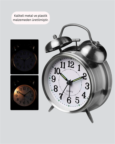 Gümüş Renkli Sessiz Işıklı Dekoratif Masa Üstü Çalar Saat Alarmlı
