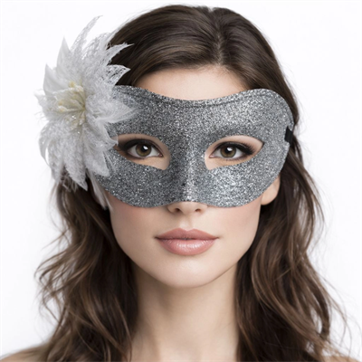Gümüş Simli Tüylü Balo Maskesi – Kadın Parti & Maskeli Balo Maskesi