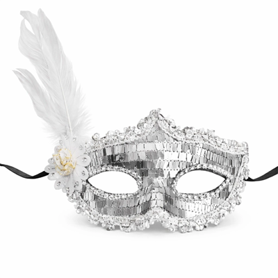 Gümüş Tüylü Payetli Lüks Taşlı Parti Maskesi