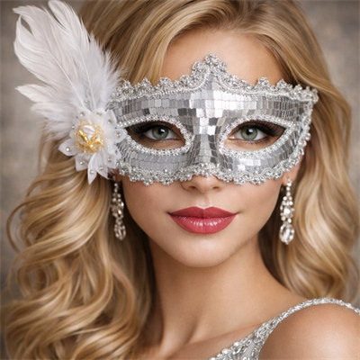Gümüş Tüylü Payetli Lüks Taşlı Parti Maskesi