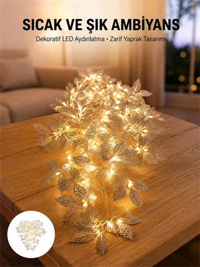 Gümüş Yaprak Tasarımlı LED Işık Pilli Ev ve Vitrin Dekoru