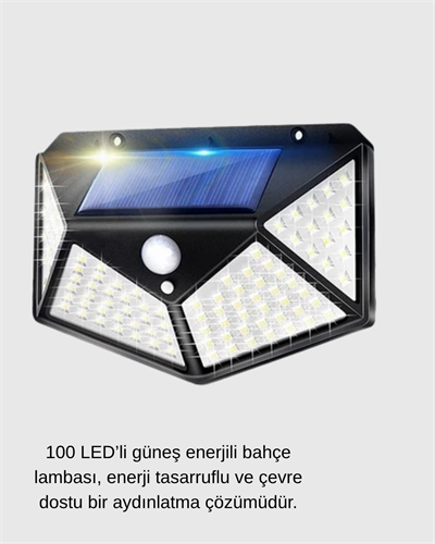 Güneş Enerjili 100 LED Dış Mekan Lamba – Hareket Sensörlü, 2200mAh Bataryalı Solar Aydınlatma