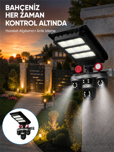 Güneş Enerjili 3 Lens Akıllı Güvenlik Kamerası LED Projektörlü Dış Mekan Koruma Sistemi