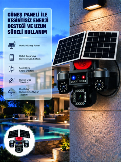Güneş Enerjili 4 Lensli Dış Mekan Güvenlik Kamerası IP66 Su Geçirmez