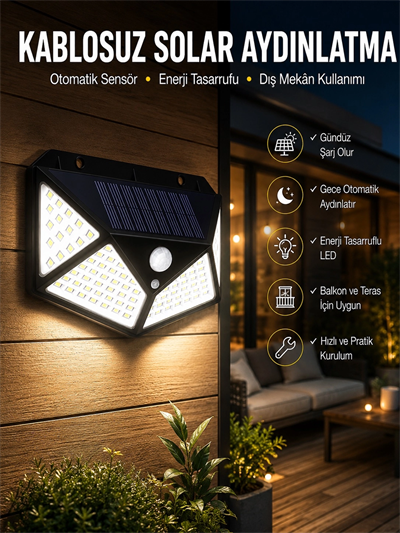 Güneş Enerjili Bahçe Aydınlatma Lambası Solar 100 Led Lamba