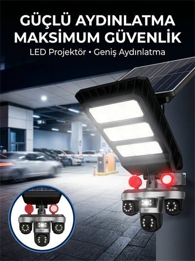 Güneş Enerjili Kablosuz Dış Mekan Güvenlik Kamerası Gece Görüşlü LED Projektörlü
